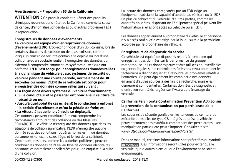 Page 1 de la notice Manuel utilisateur Acura TLX (2018)