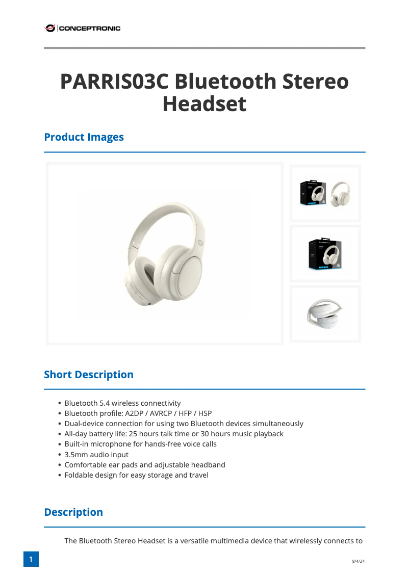 Page n°1 - Fiche technique Conceptronic PARRIS03C