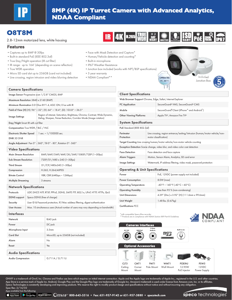 Page 1 de la notice Fiche technique Speco Technologies O8T8M