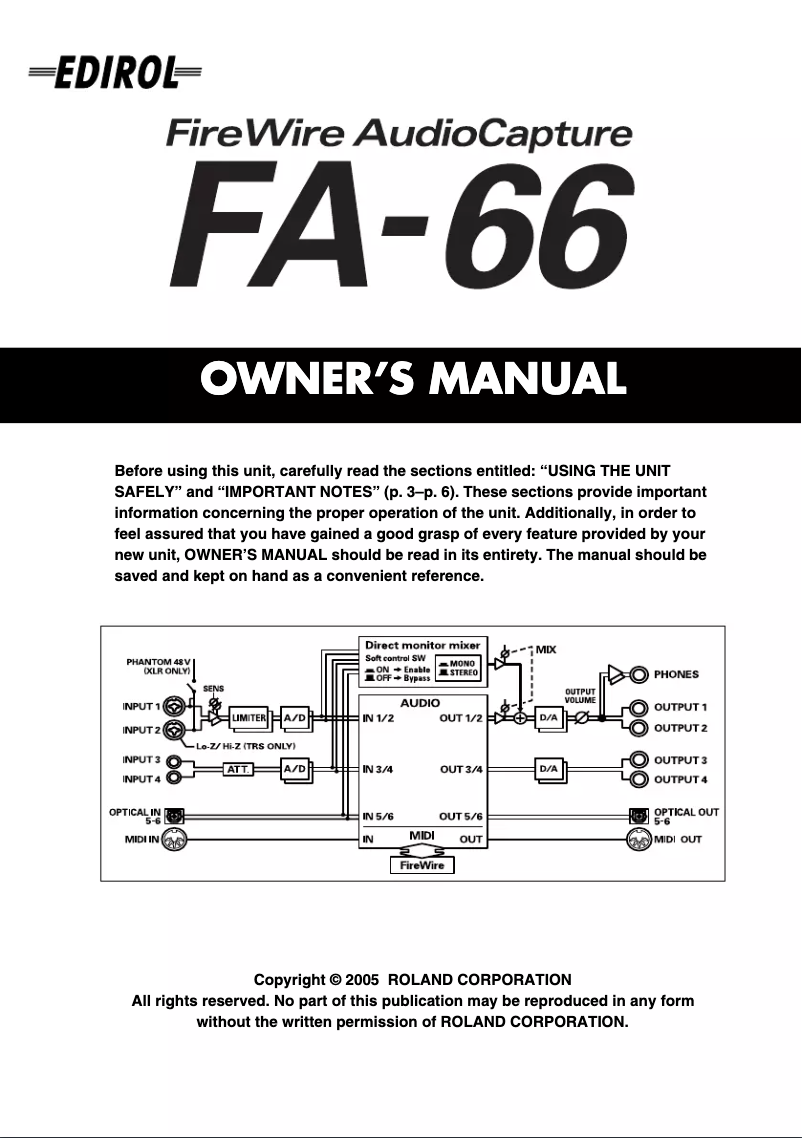 Page 1 de la notice Manuel utilisateur Roland FA-66