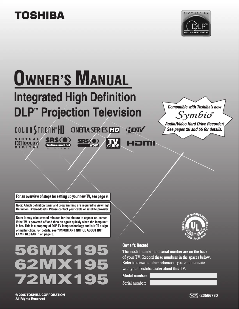 Page n°1 - Manuel utilisateur Toshiba 62MX195