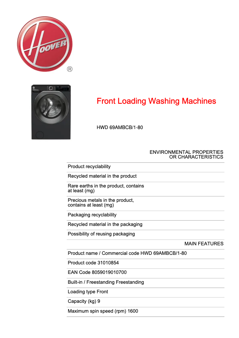 Page n°1 - Fiche technique Hoover H-WASH 500 HWD 69AMBCB/1-80