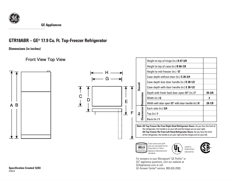 Page 1 de la notice Fiche technique GE GTR18ABRWW