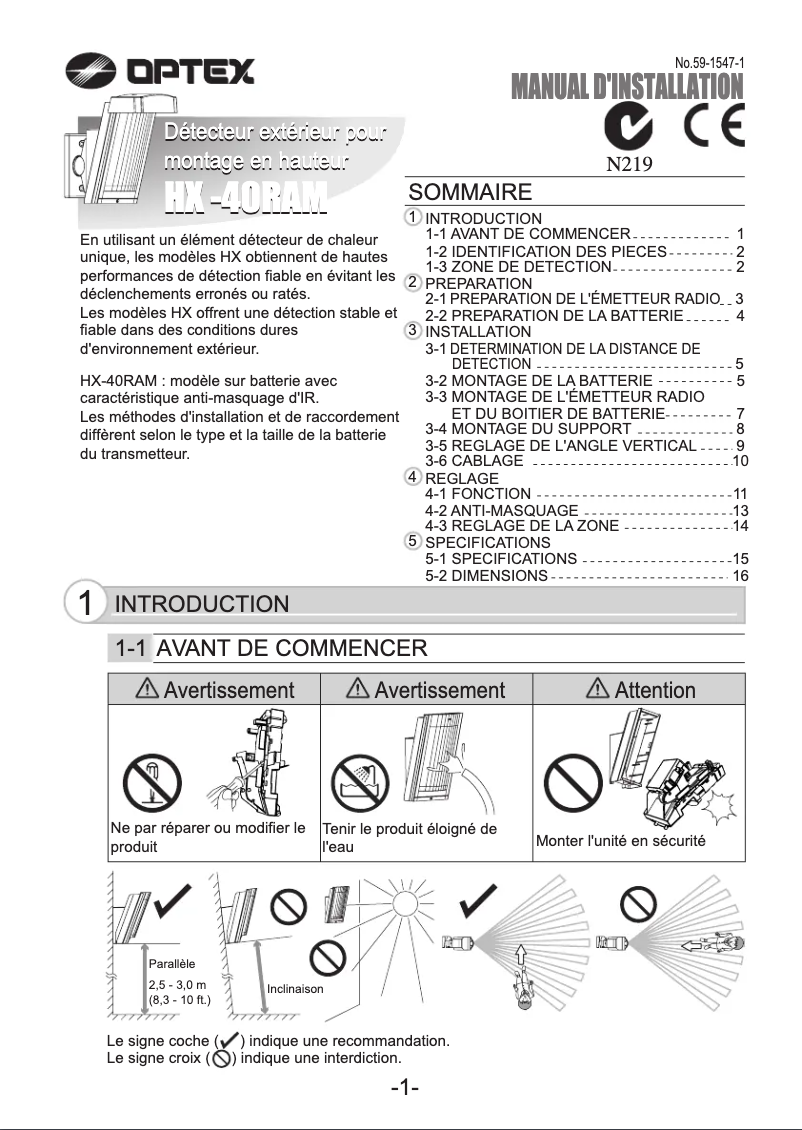 Page n°1 - Manuel utilisateur Optex HX-40RAM