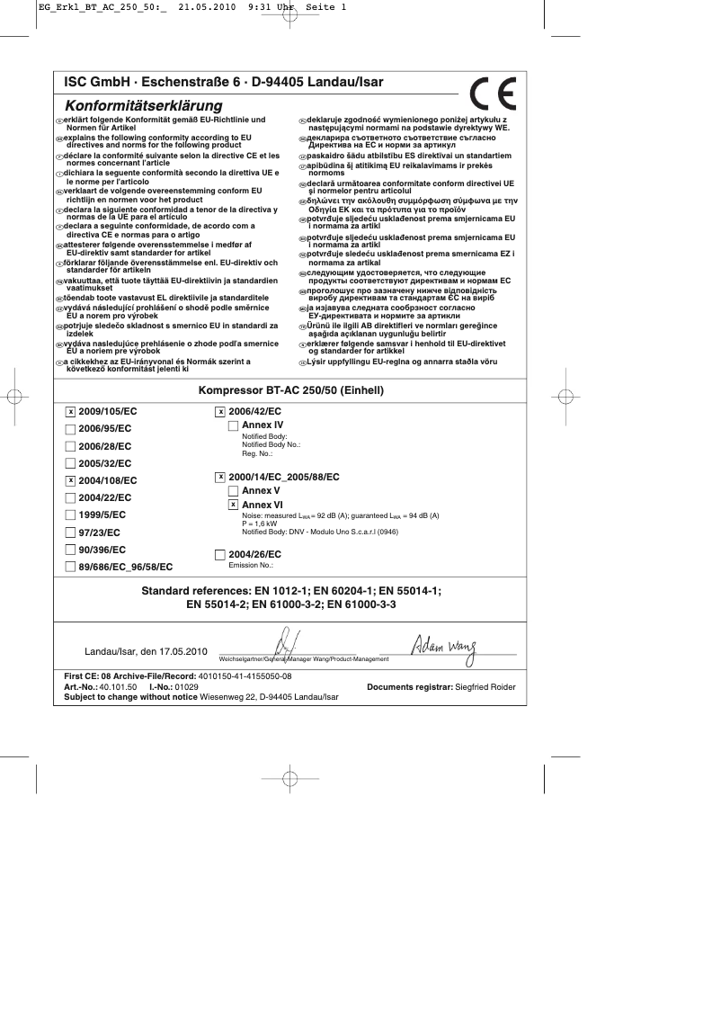 Page 1 de la notice Manuel utilisateur Einhell BT-AC 250/50