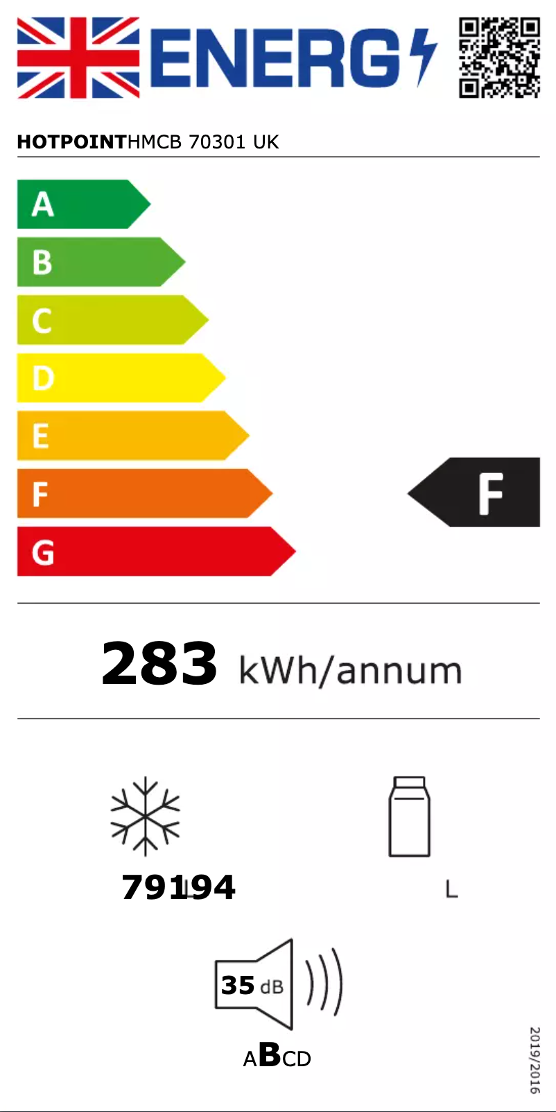 Page 1 de la notice Label énergétique Hotpoint HMCB 70301 UK