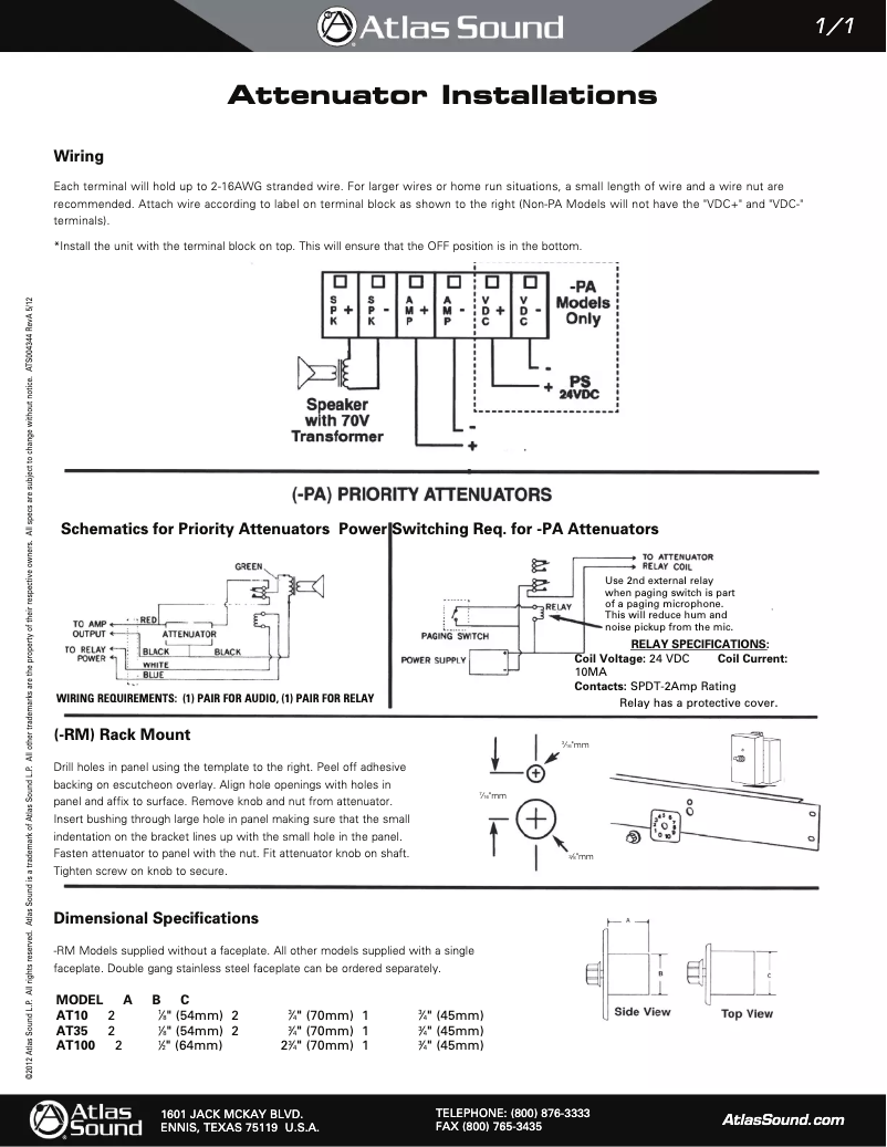 Page 1 de la notice Mode d'emploi Atlas Sound AT100-RM