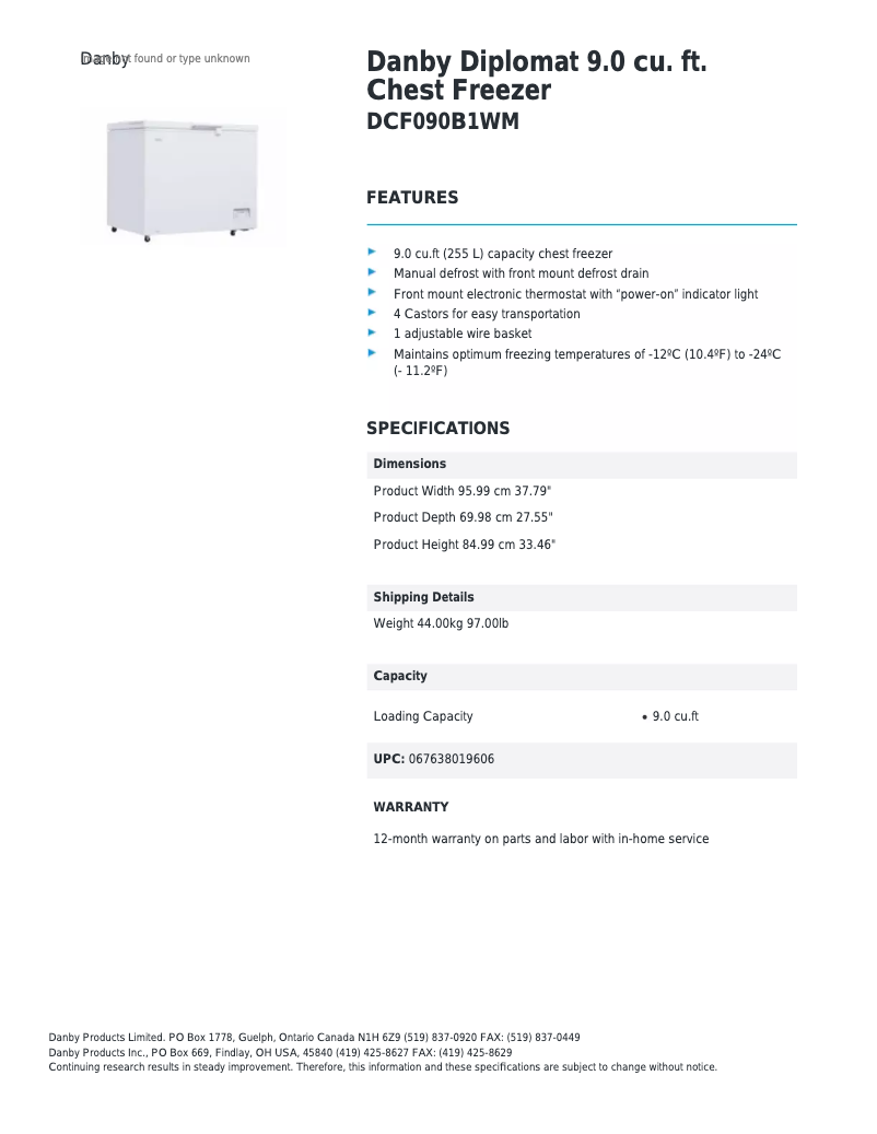 Página 1 del manual Ficha técnica Danby DCF090B1WM