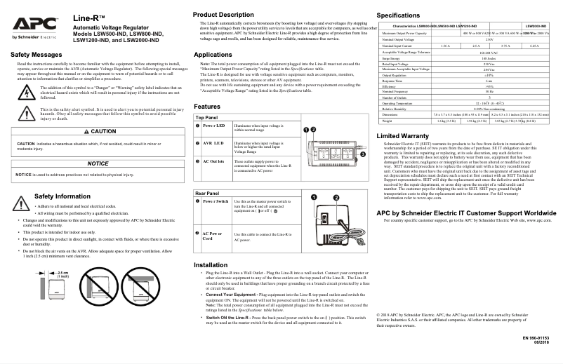 Page 1 de la notice Manuel utilisateur APC Line-R LSW1200-IND