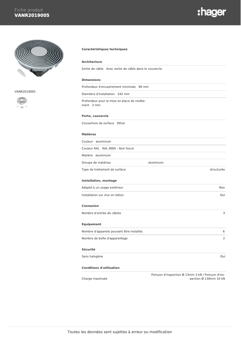 Page n°1 - Manuel utilisateur Hager VANR2019005