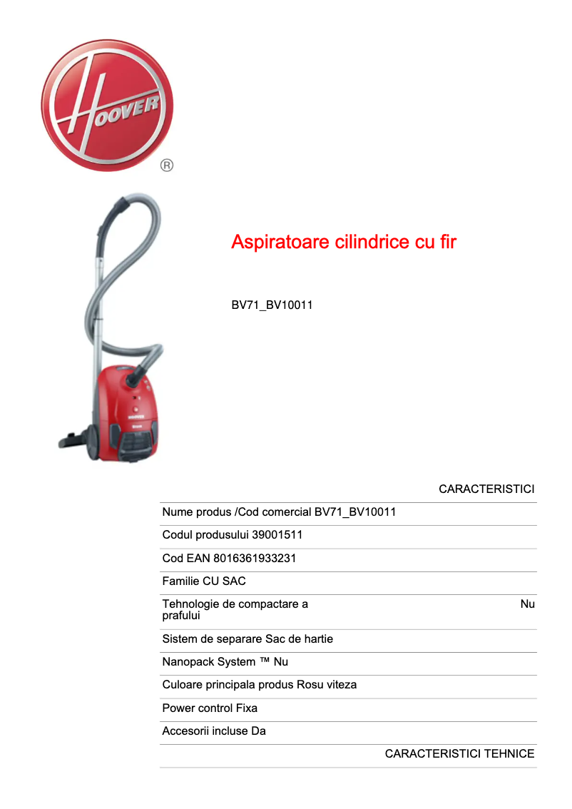 Página 1 del manual Ficha técnica Hoover BV71_BV10011