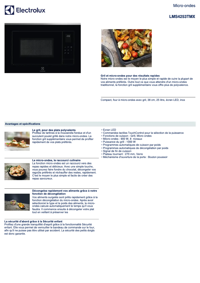 Page 1 de la notice Fiche technique Electrolux LMS4253TMX