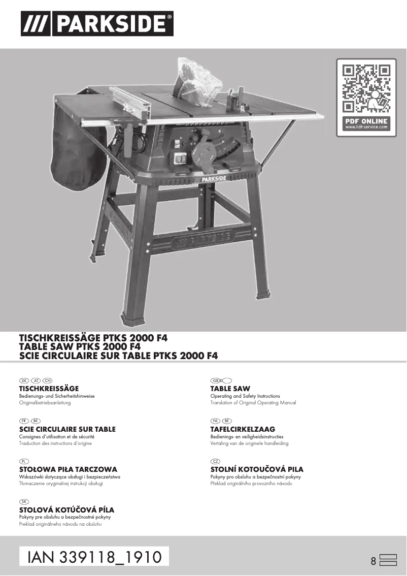 Page 1 de la notice Manuel utilisateur Parkside PTKS 2000 F4