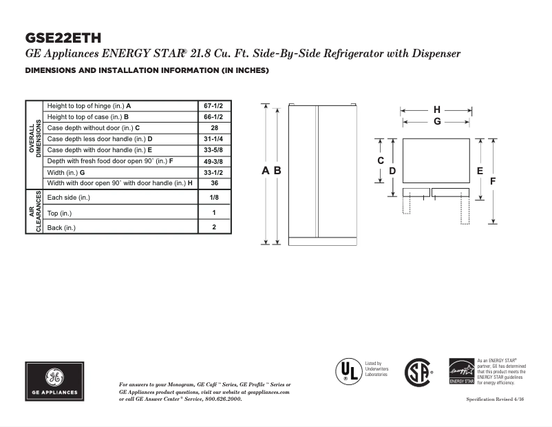 Page n°1 - Fiche technique GE GSE22ETHCC