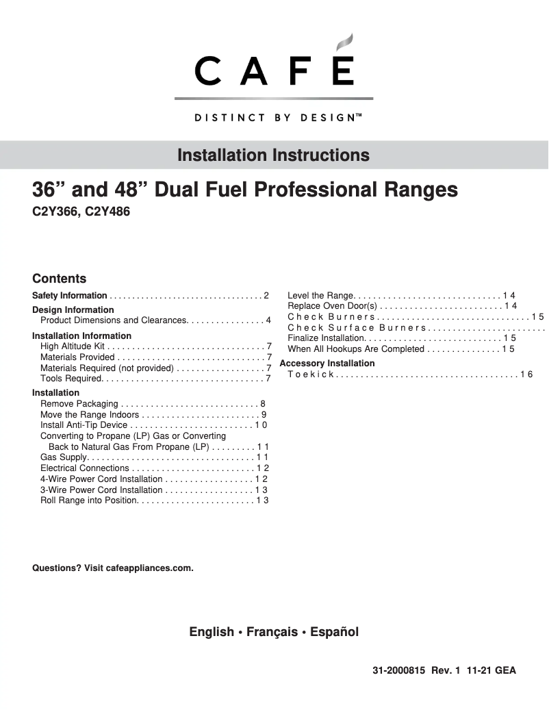 Page n°1 - Guide d'installation GE C2Y366P4TW2