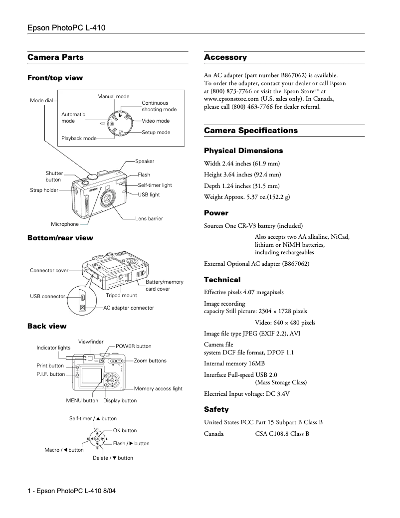 Image de la première page du manuel de l'appareil PhotoPC L-410