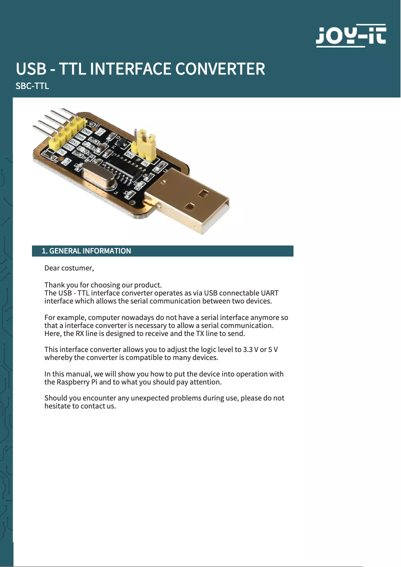 Page n°1 - Manuel utilisateur Joy-It SBC-TTL