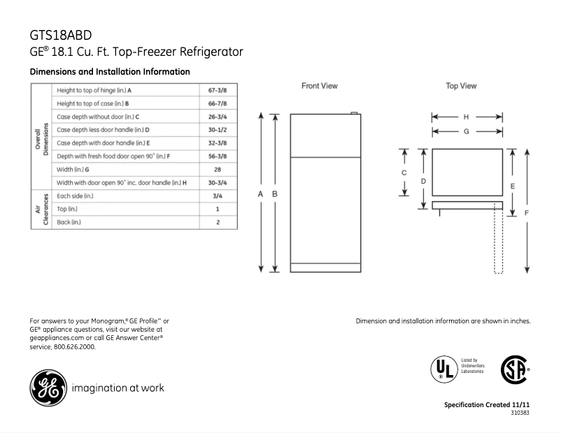 Page 1 de la notice Fiche technique GE GTS18ABDBB