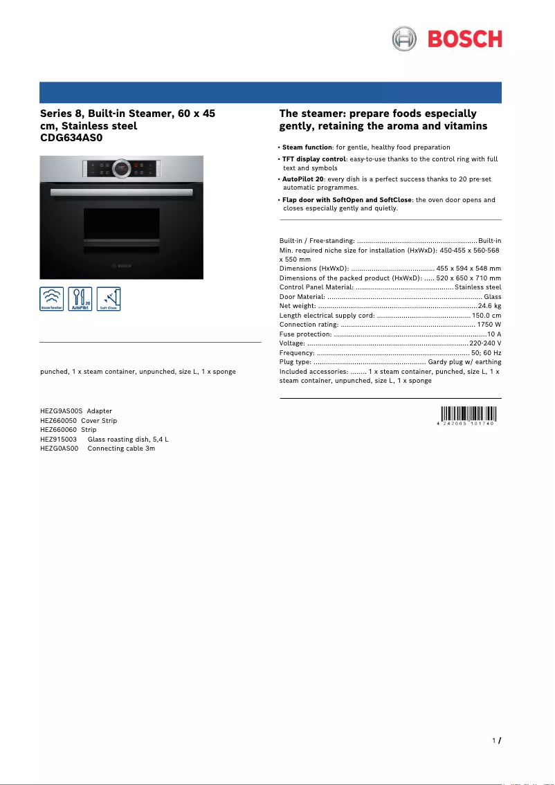 Page 1 de la notice Fiche technique Bosch CDG634AS0