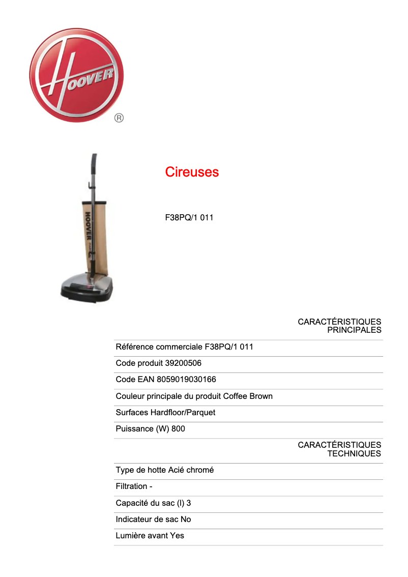 Page 1 de la notice Fiche technique Hoover F38 PQ
