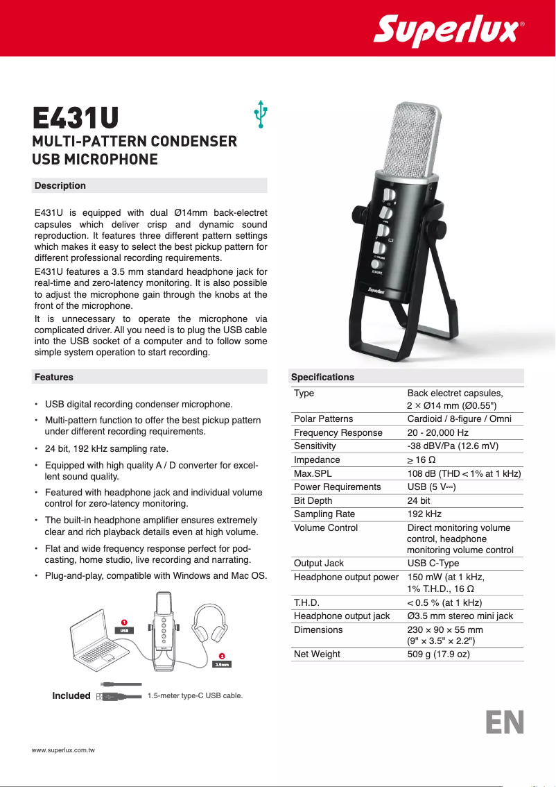 Page 1 de la notice Manuel utilisateur Superlux E431U