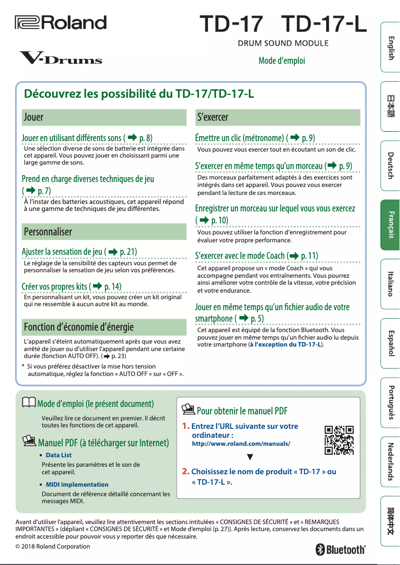 Page n°1 - Manuel utilisateur Roland TD-17
