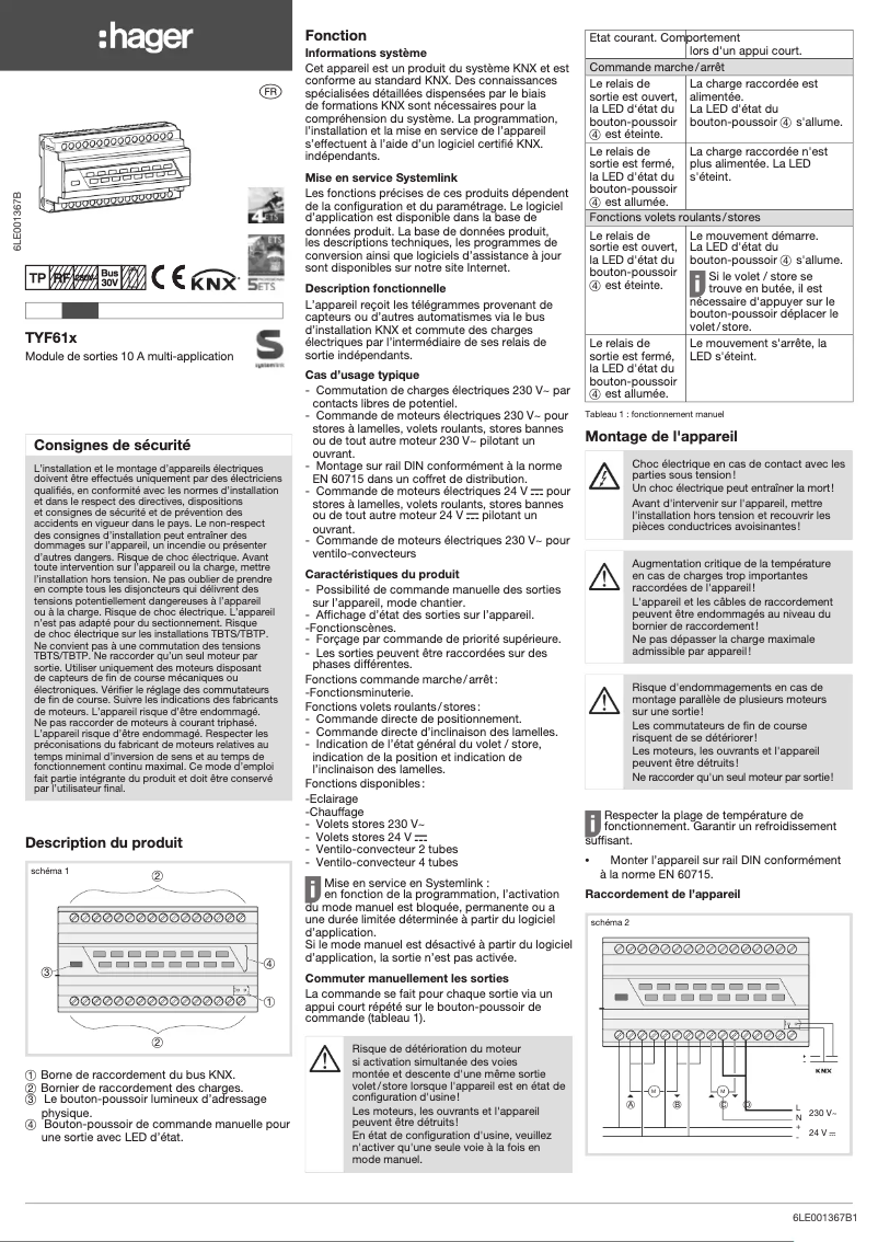 Page 1 de la notice Manuel utilisateur Hager TYF616