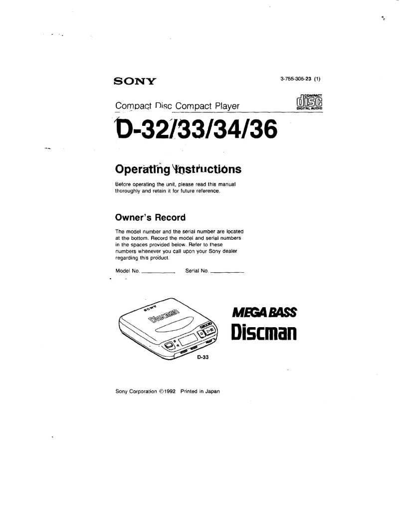Image de la première page du manuel de l'appareil Discman D-34