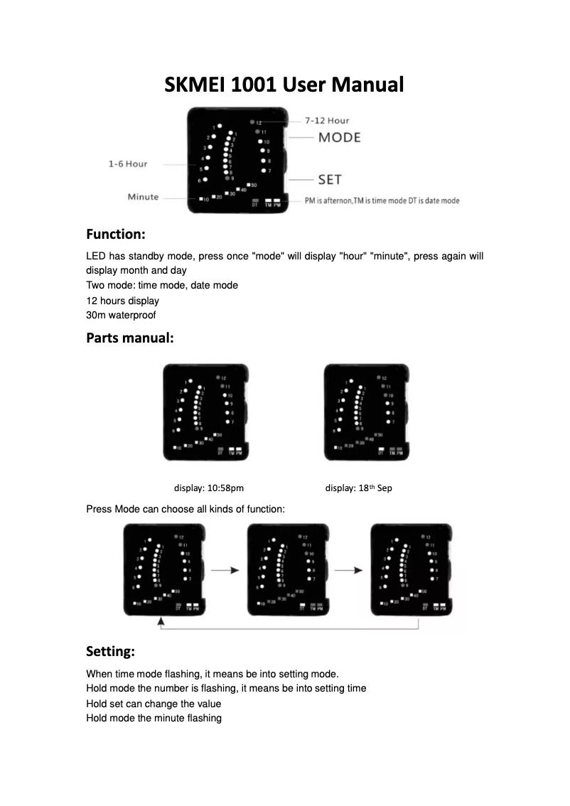 Page 1 de la notice Manuel utilisateur Skmei 1001
