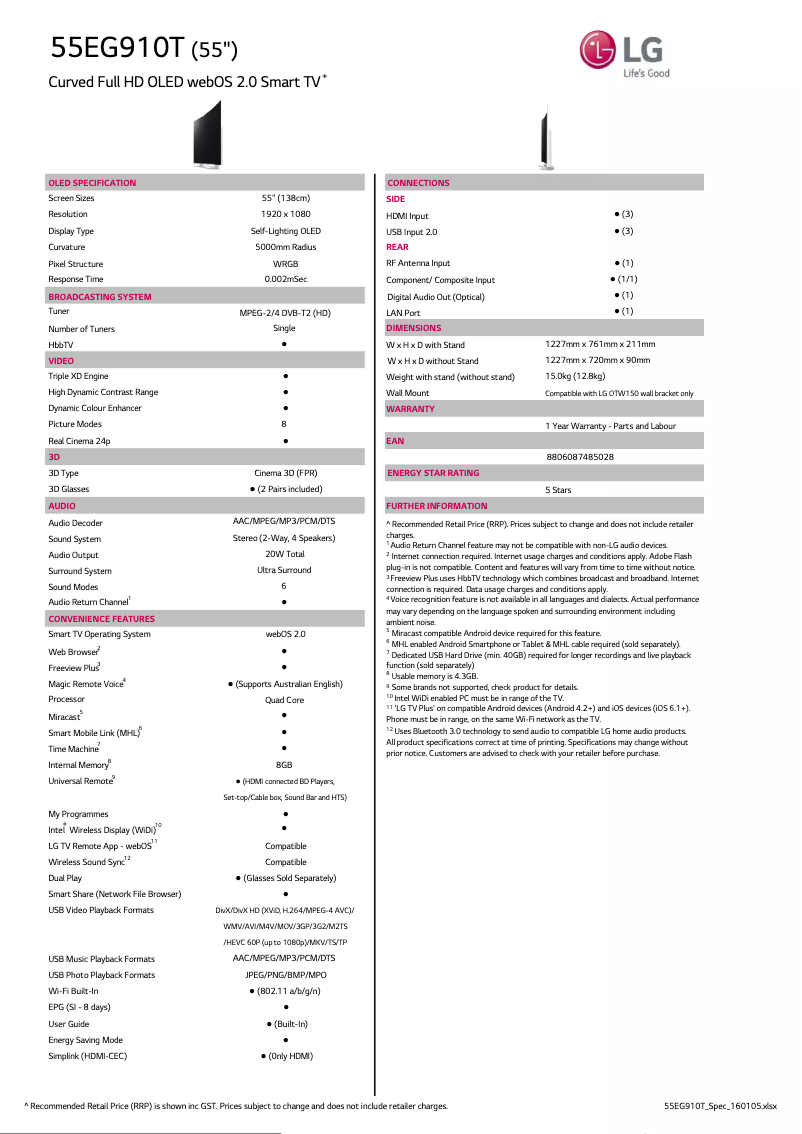 Image de la première page du manuel de l'appareil 55EG910T