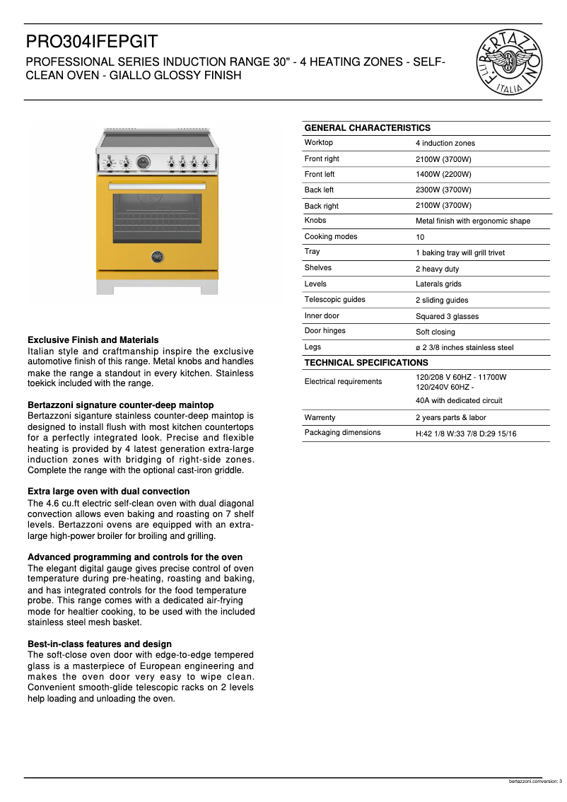 Página 1 del manual Ficha técnica Bertazzoni PRO304IFEPGIT