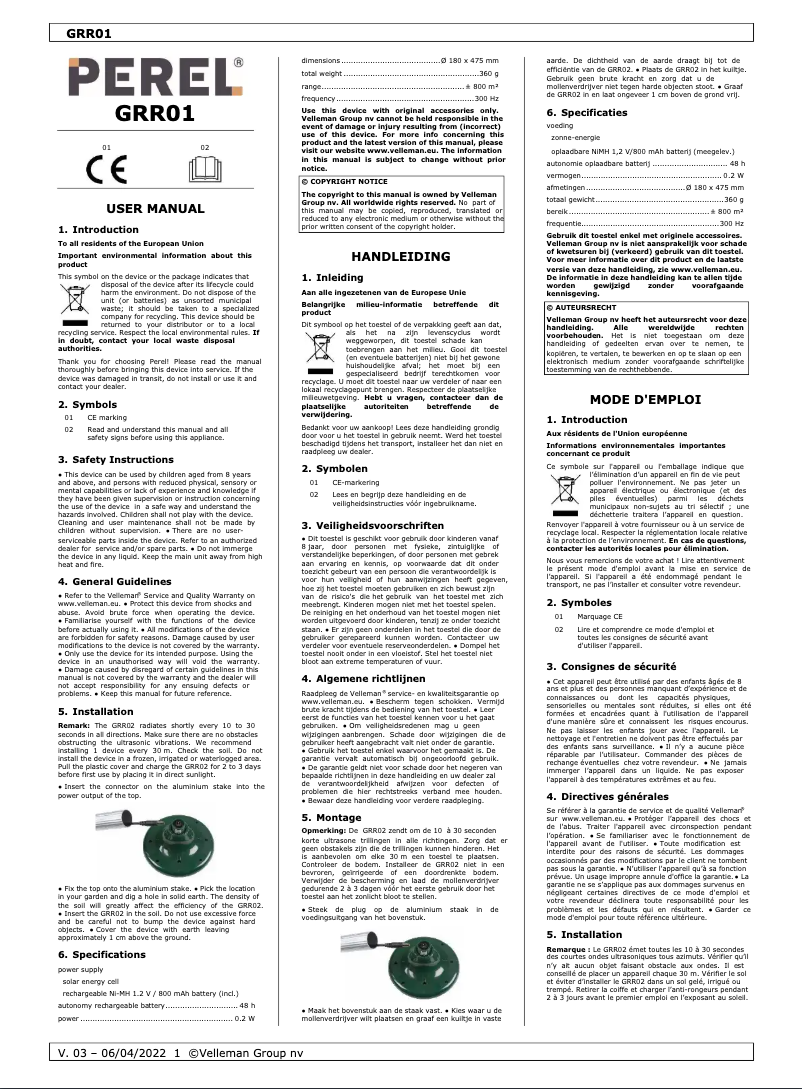 Page 1 de la notice Manuel utilisateur Perel GRR02