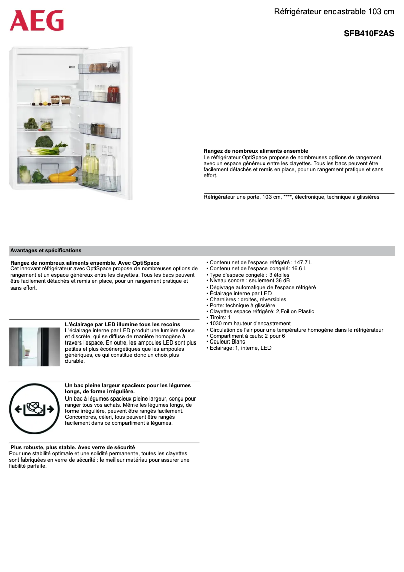 Page 1 de la notice Fiche technique AEG SFB410F2AS