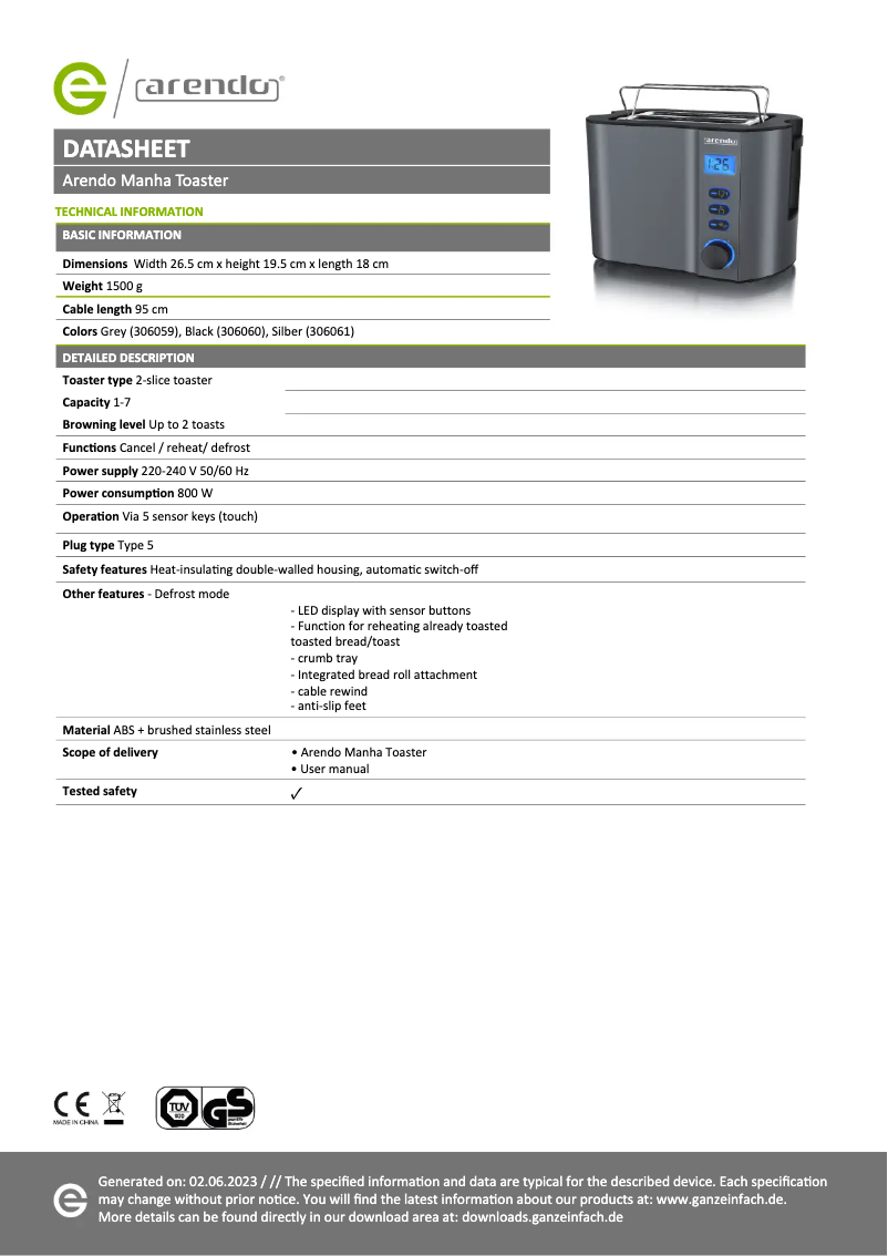 Página 1 del manual Ficha técnica Arendo Manha Compact 306060