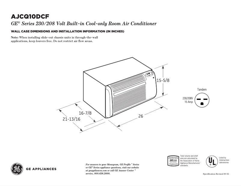Page 1 de la notice Fiche technique GE AJCQ10DCF