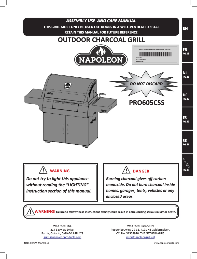 Page n°1 - Manuel d'utilisation et d'entretien Napoleon PRO 605CSS