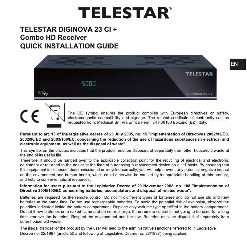Page n°1 - Manuel utilisateur Telestar DIGINOVA 22 CI+