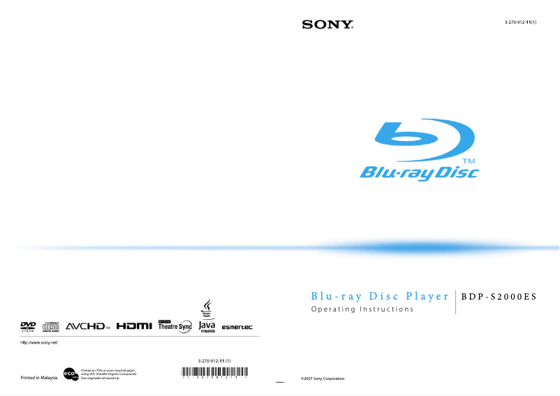 Page 1 de la notice Manuel utilisateur Sony BDP-S2000ES