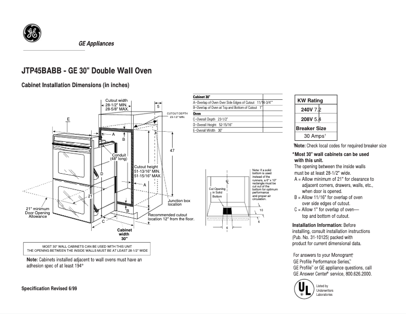 Page 1 de la notice Fiche technique GE JTP45BABB
