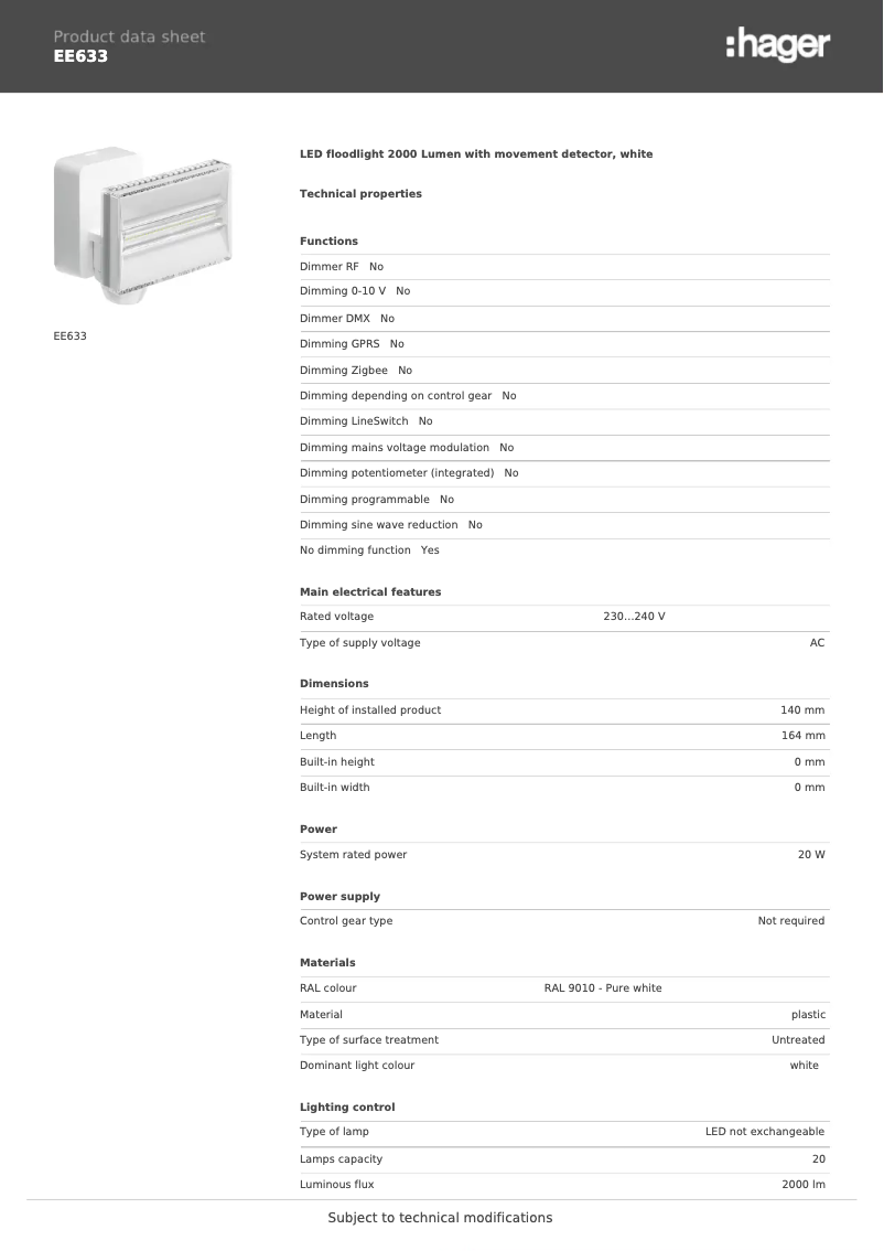 Page 1 de la notice Fiche technique Hager EE633
