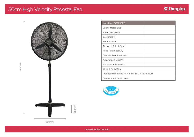 Page 1 de la notice Fiche technique Dimplex DCPF50MB