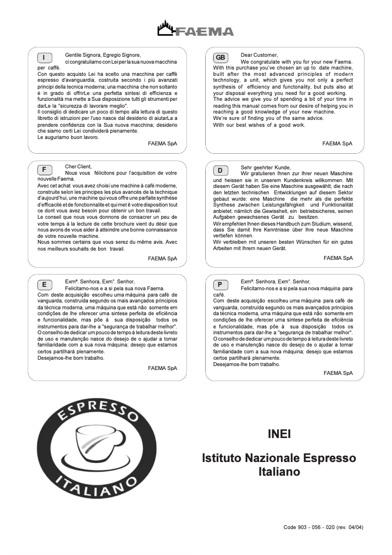 Page n°1 - Manuel utilisateur Faema E61 Legend