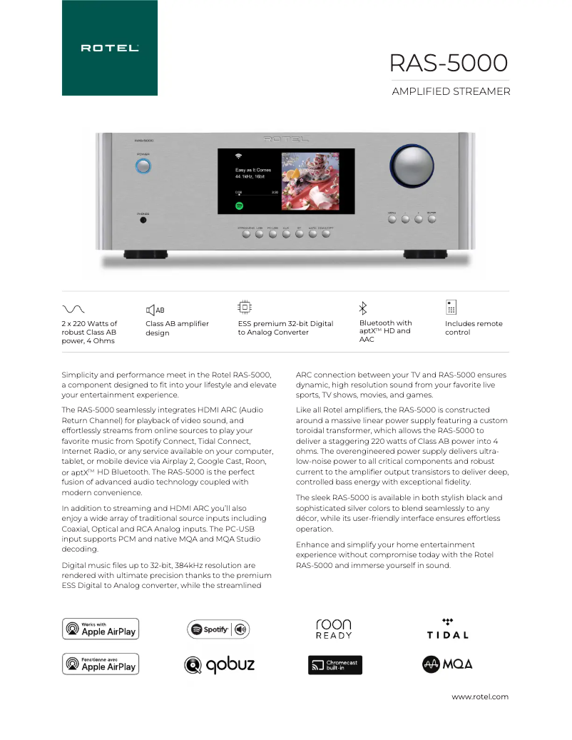 Page 1 de la notice Fiche technique Rotel RAS-5000