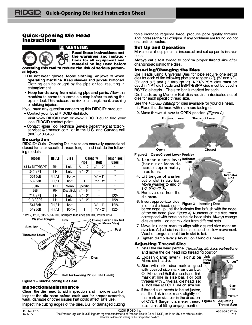 Page 1 de la notice Instructions / montage Ridgid 816