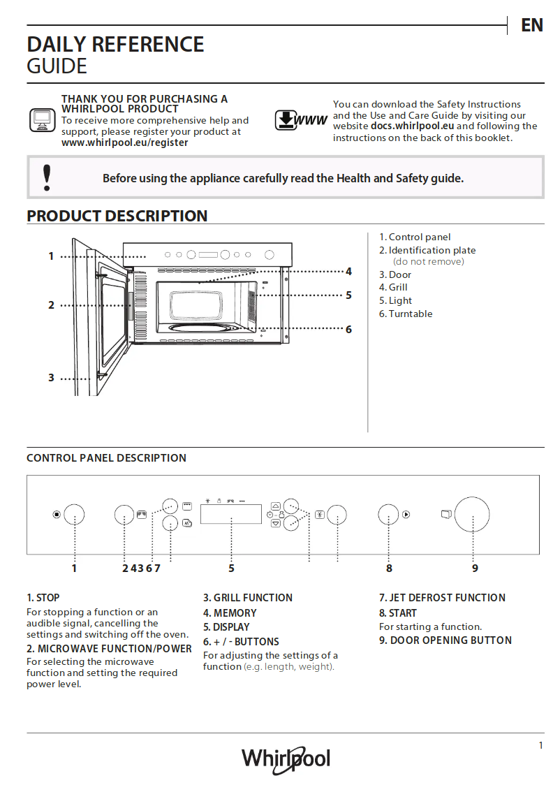 Page 1 de la notice Manuel utilisateur Whirlpool AMW 4920/IX
