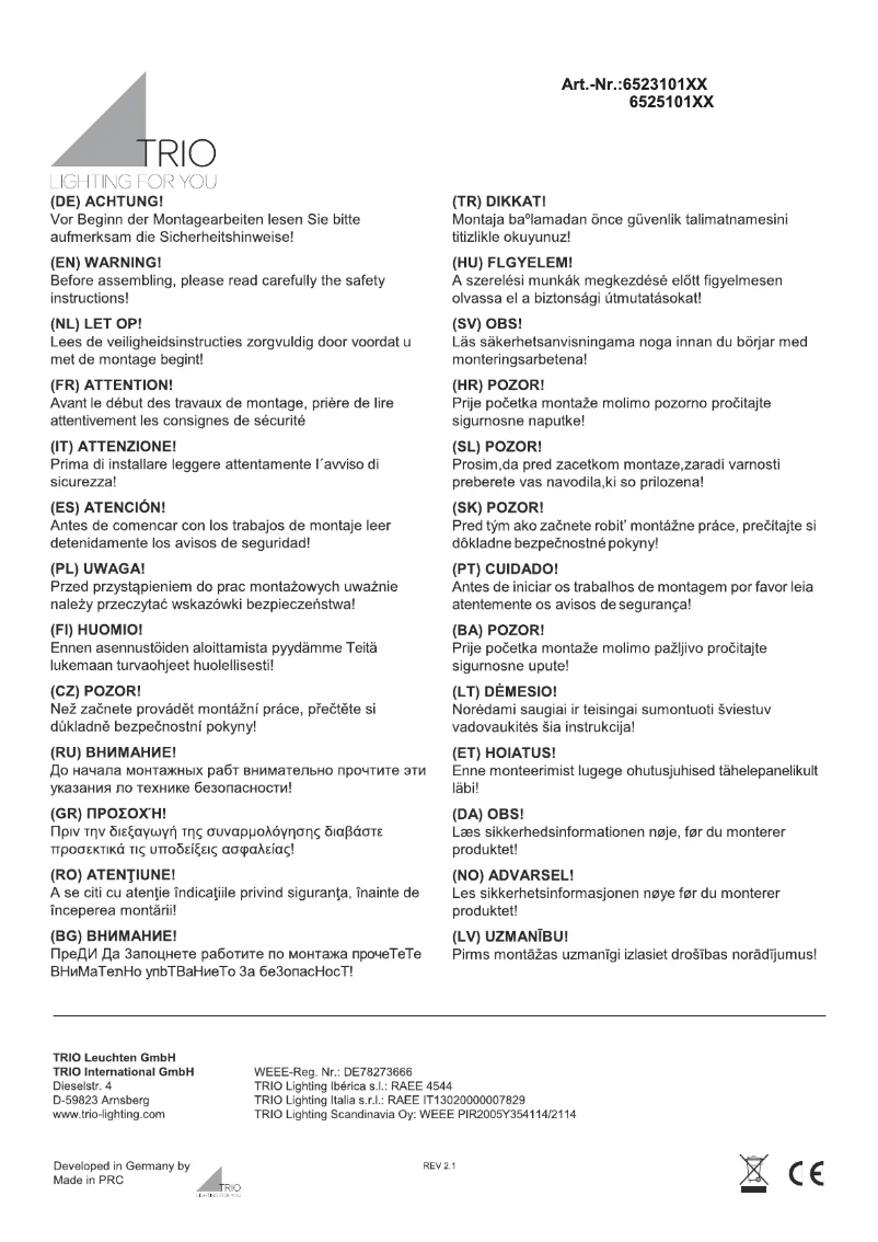 Page 1 de la notice Manuel utilisateur Trio Lighting Aura 652310131