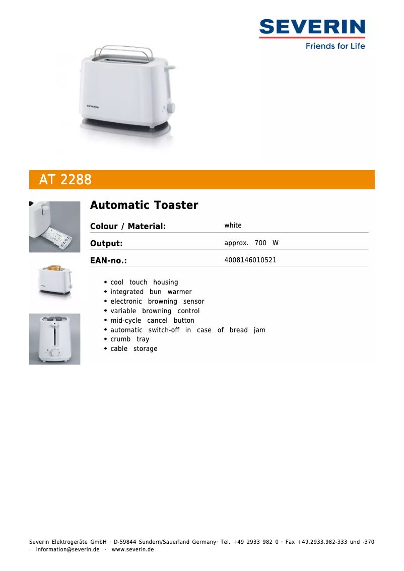 Page 1 de la notice Fiche technique Severin AT 2288