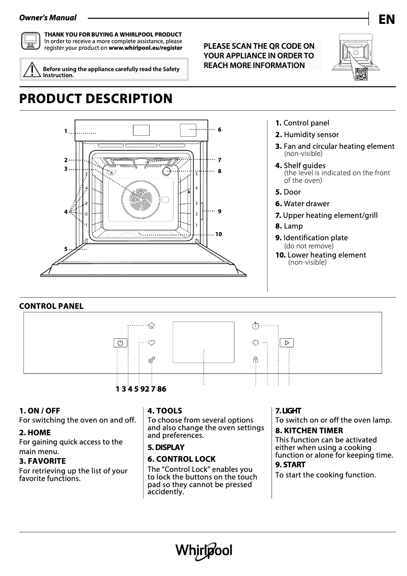 Página 1 del manual Instrucciones de seguridad Whirlpool WOI9P8HT2SBA