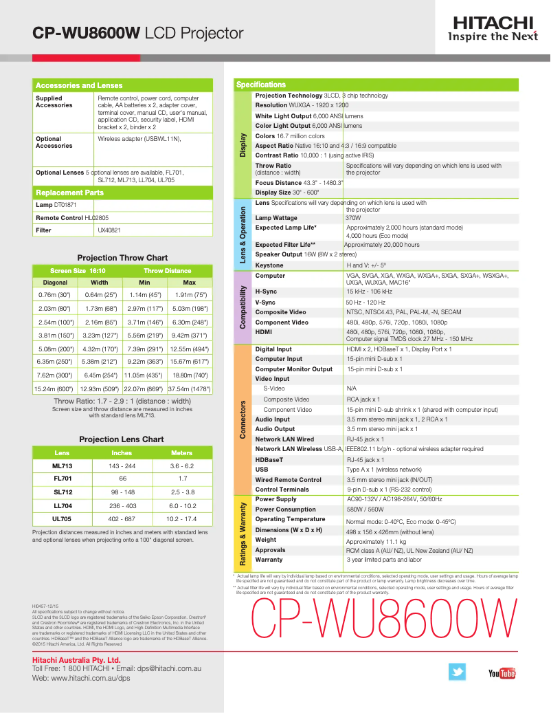 Page 1 de la notice Fiche technique Hitachi CP-WU8600W