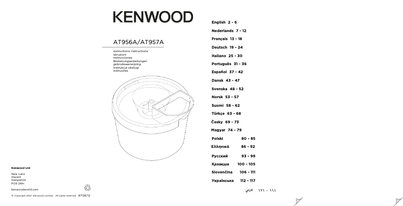 Page n°1 - Manuel utilisateur Kenwood Major & Chef XL AT957A
